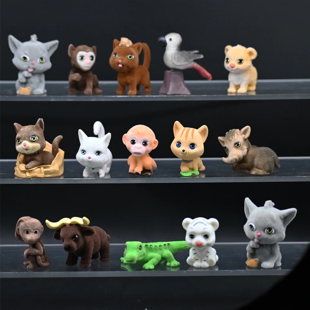 Kawaii Animal Figure Flocked Cat Shaggy Panda Monkey Lion Action Figures Decor Model Collection Toys Christmas Gift