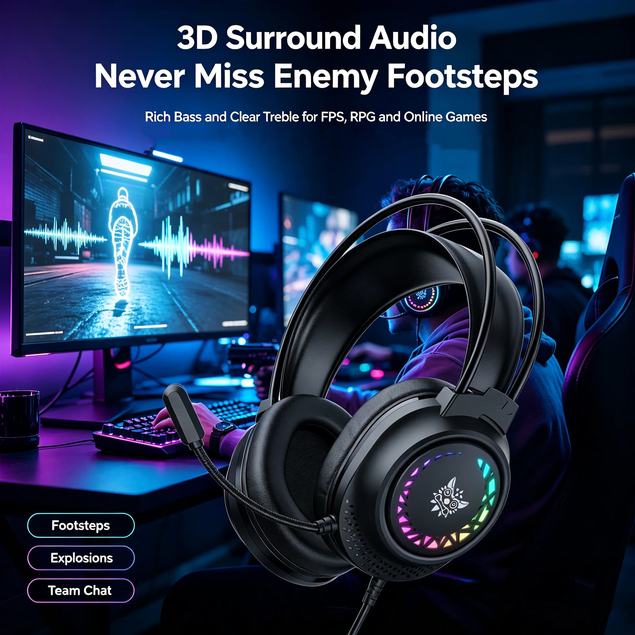 ONIKUMA wired gaming headset RGB, 3D surround sound noise cancelling microphone USB+3.5mm suitable for PCPS4 gaming console