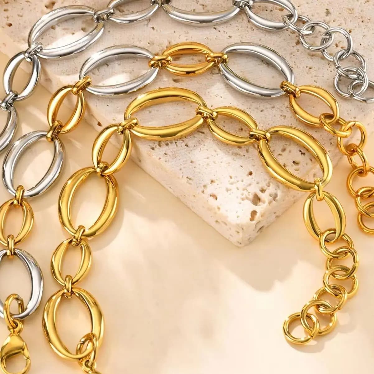 Vnox Charms Braccialetti a catena ovale grandi e piccoli per le donne Ragazze Regalo di gioielli fatti a mano in acciaio inossidabile intrecciato color oro
