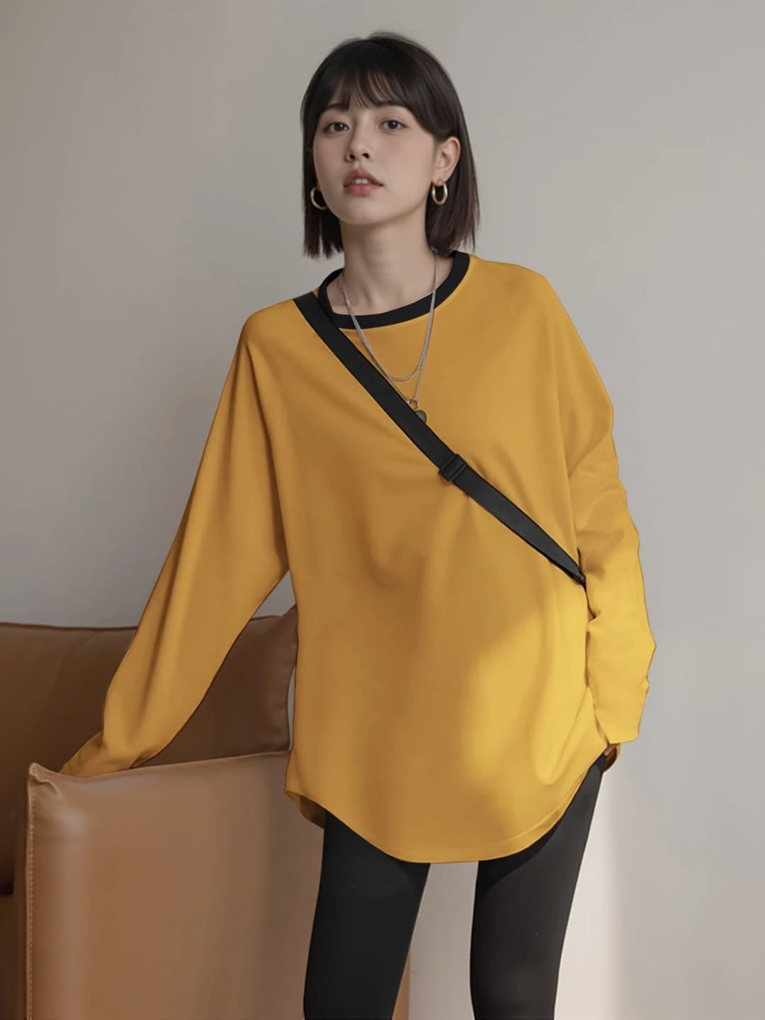 Loose Long Sleeve Women's T-shirt Autumn Winter Yellow round Hem Conceal Meat Match Shark Pants Underwear Base Shirt Commute ...