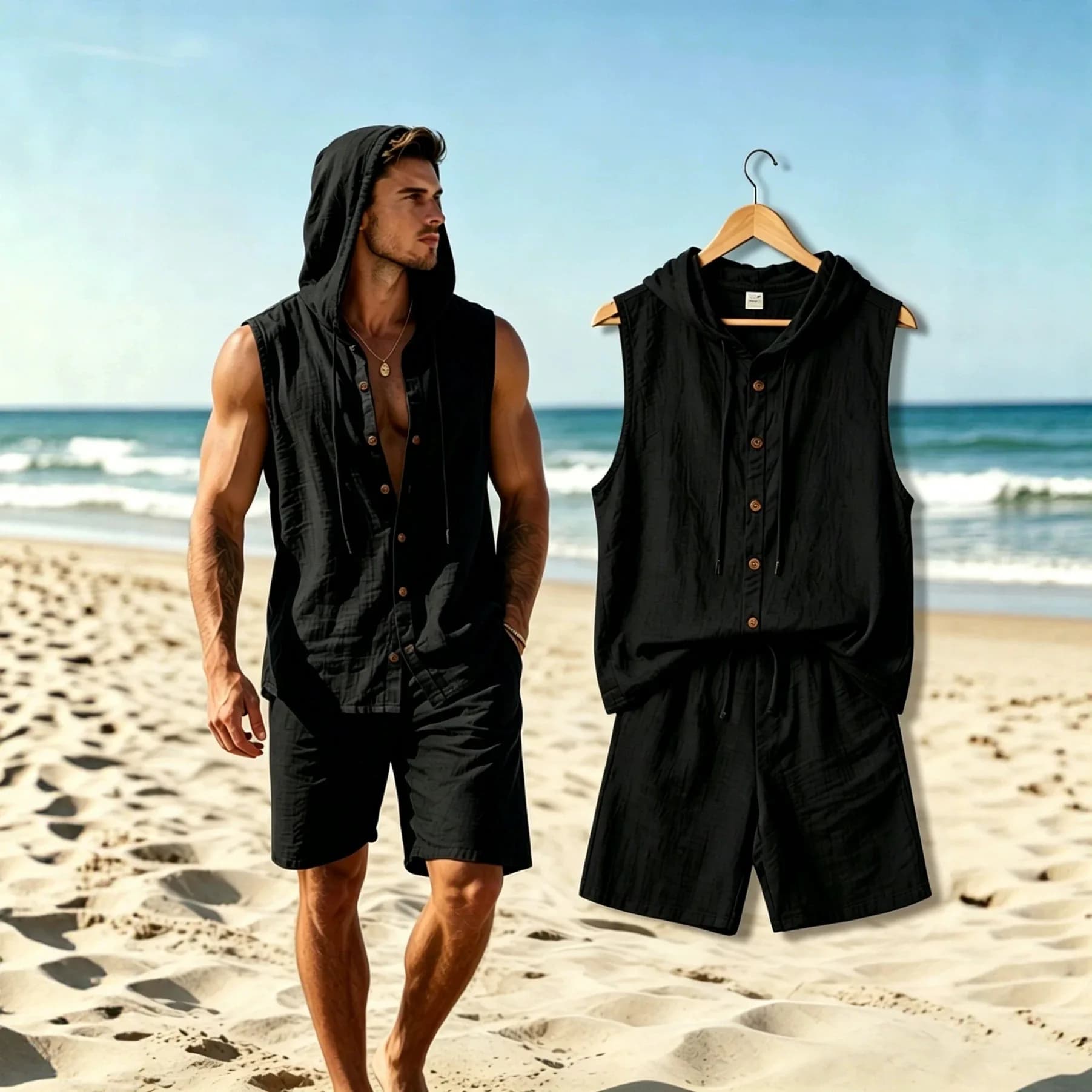 New Summer Men's Linen Sleeveless Vest Tracksuits Outfits Hoodies T-shirt And Shorts Loose Thin Two-piece Set