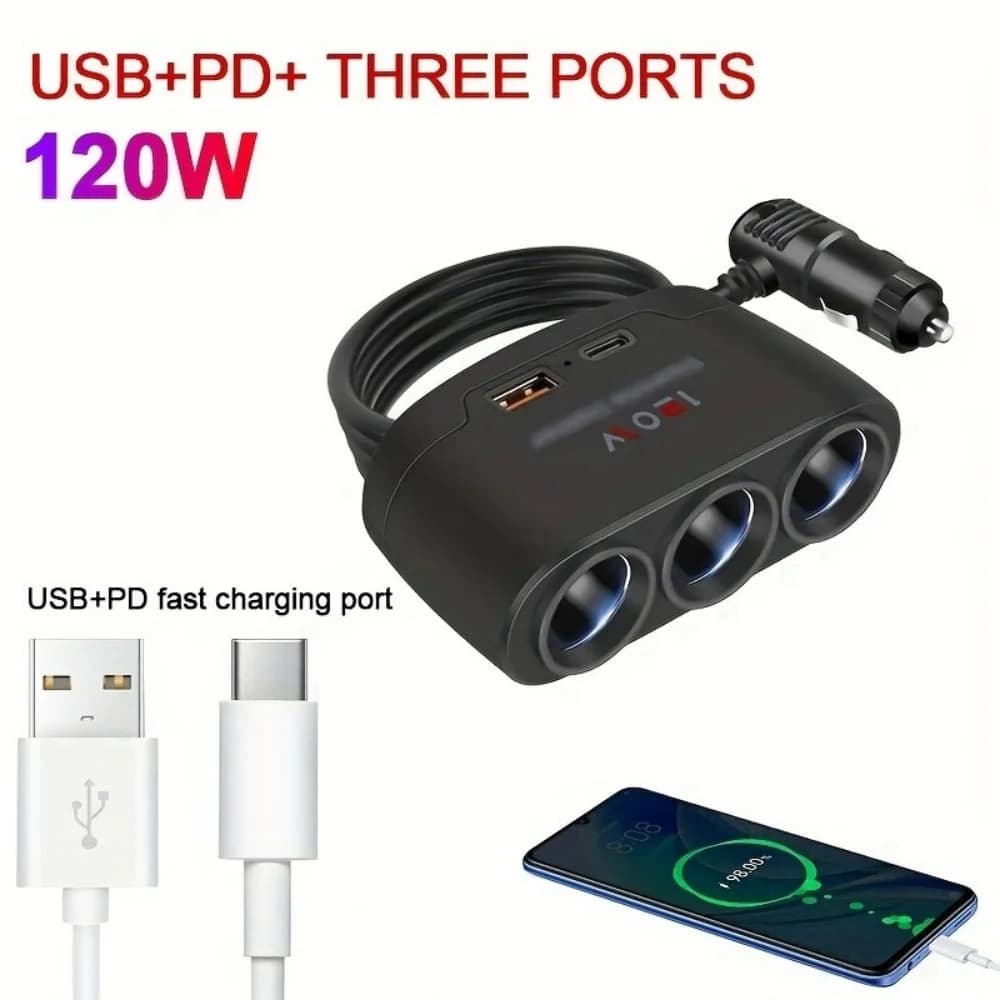 120W PD + QC3.0 Dual USB Charge Cigarette Lighter for Auto Splitter 12V 24V Fast Spin Charger Phone Power Adapter for Auto DVR Dashcam