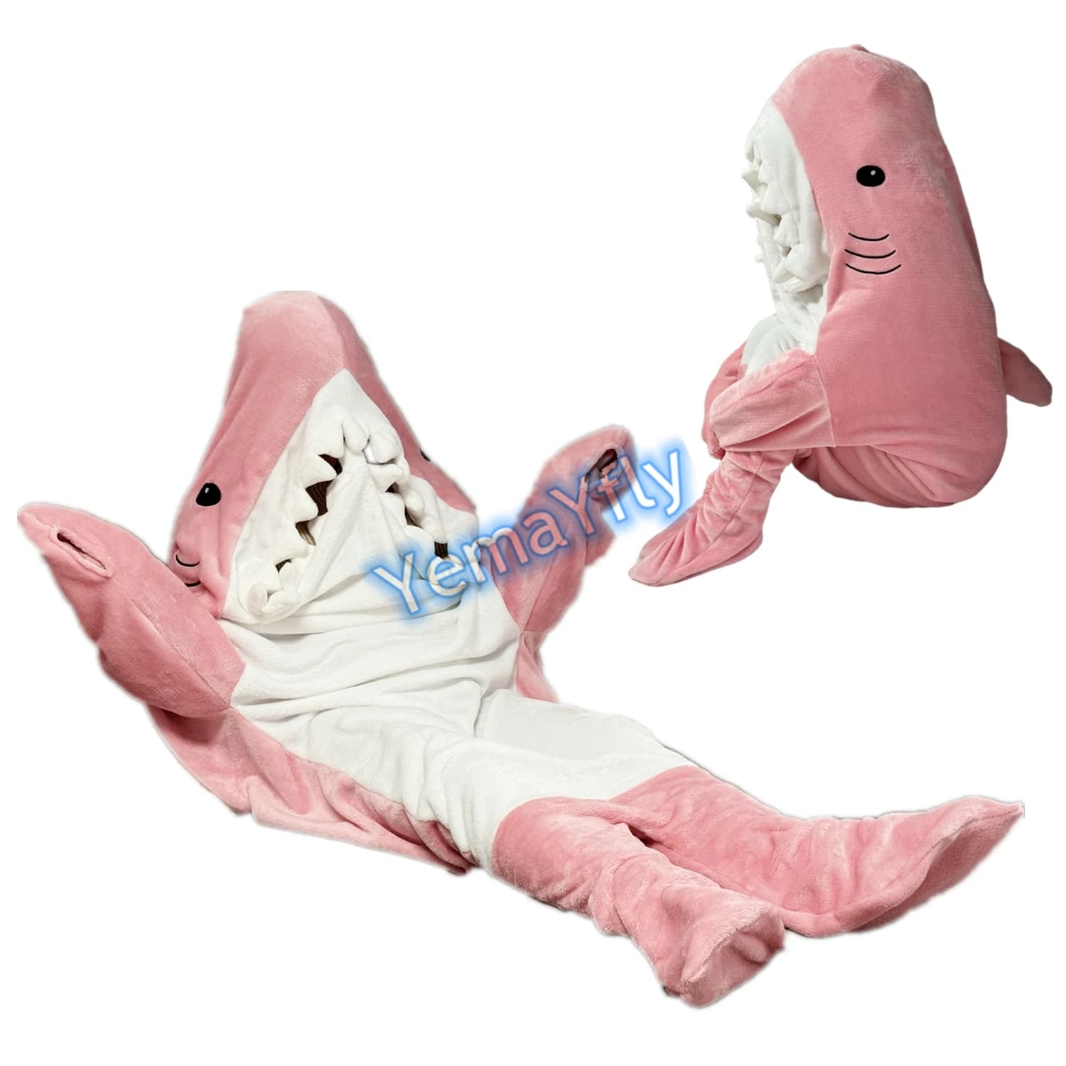 Adult wearable blanket with pink shark sleeping bag, cosplay shark dress with super soft and cozy flannel hood