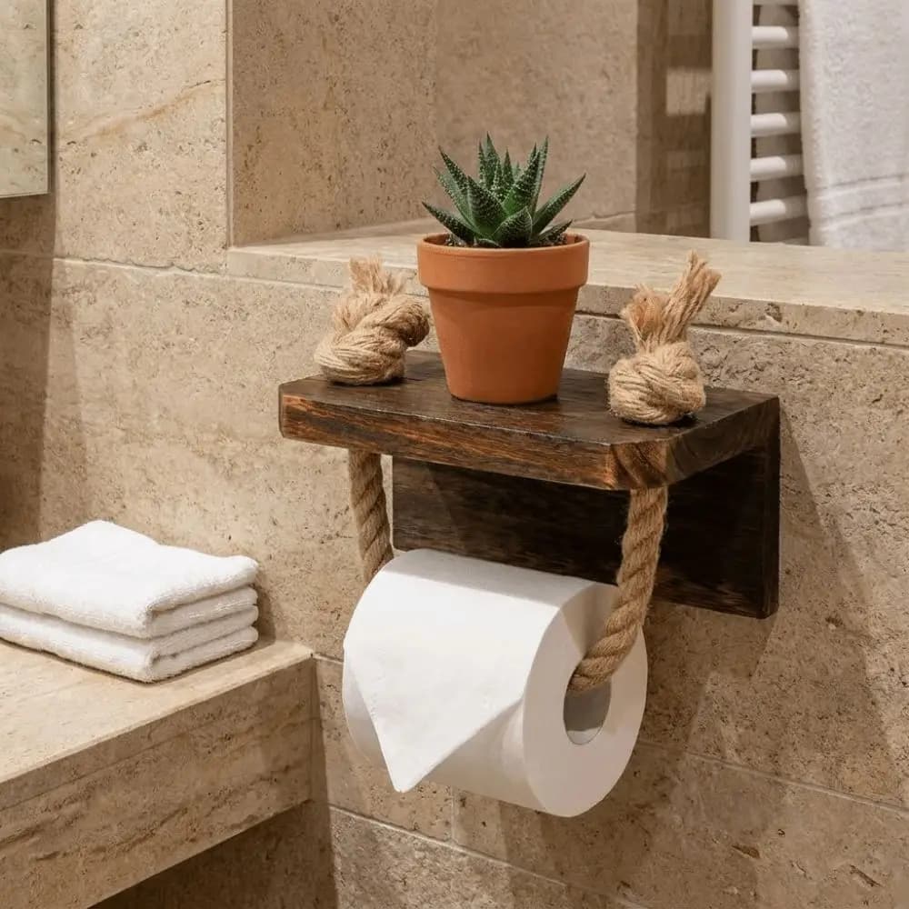 Nautical Style Toilet Paper Holder Space-Saving Wood Roll Paper Holder Decorative Rustic Bathroom Organizer Beach House