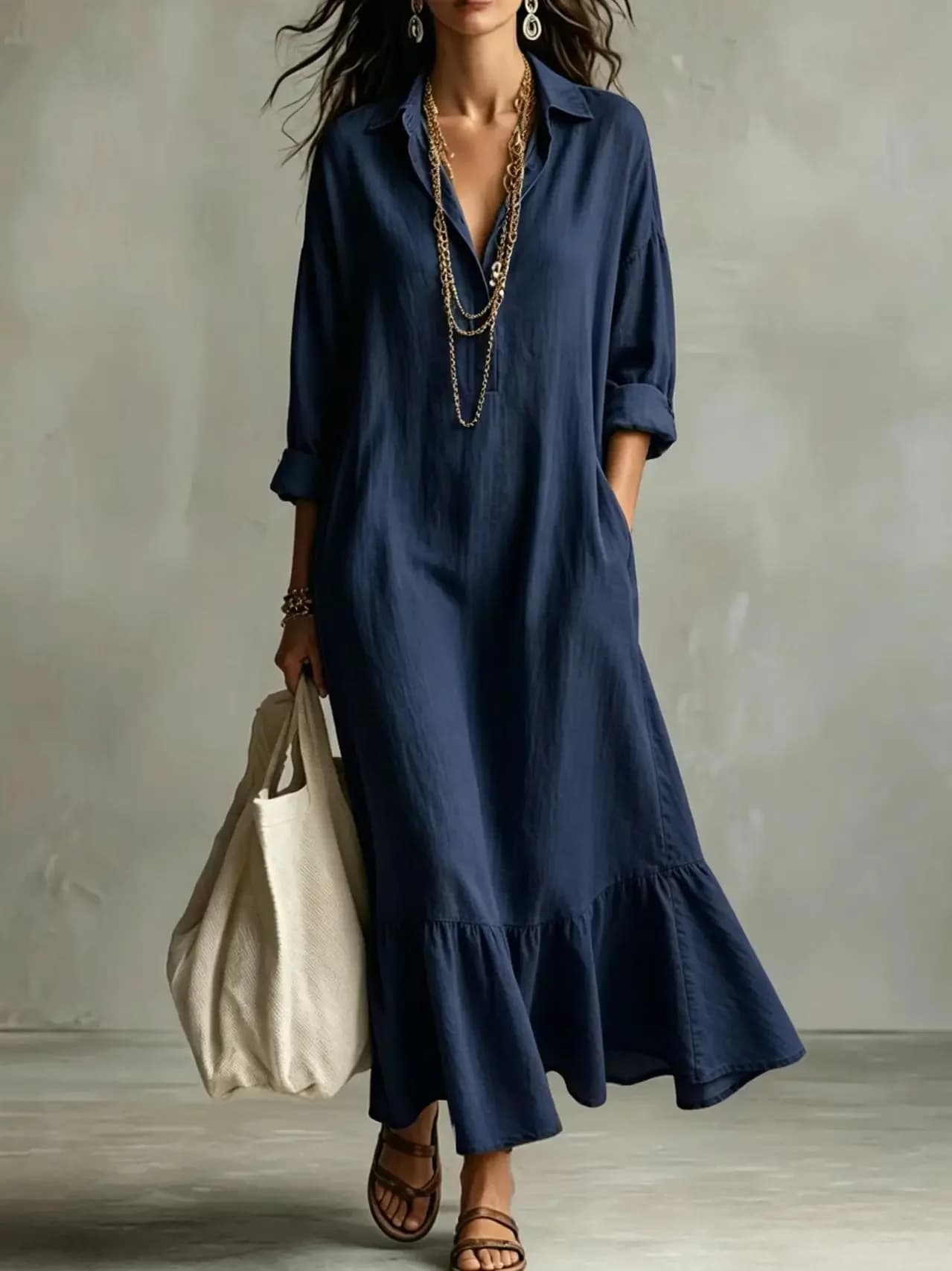Spring Autumn New Fashion Lapel Long Sleeve Shirt Women's Loose Dress Casual Simple Retro Ruffled Swing Dress Female 2026