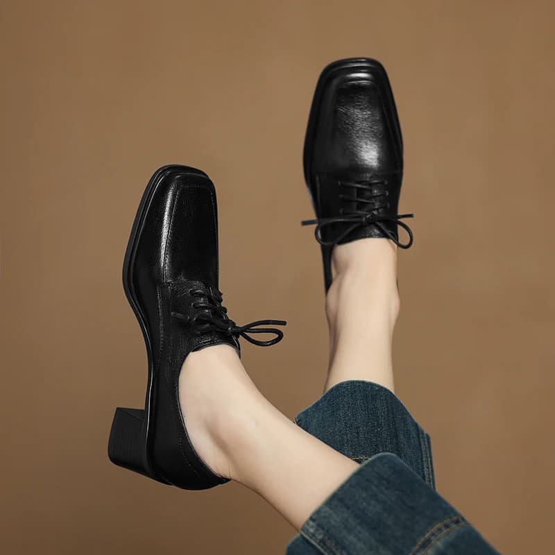 2026 new spring autumn women pumps natural leather plus size 22-26cm sheepskin+pigskin square toe thick heel loafers women shoes