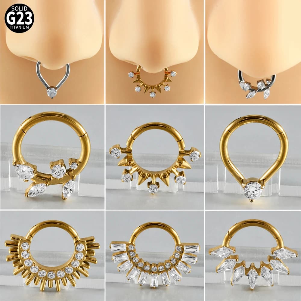 Intaglio fine Zircone incernierato Setto Clicker Foglia Anello al naso Titanio massiccio Waterdrop Cerchio per cartilagine Daith Helix Orecchino penetrante