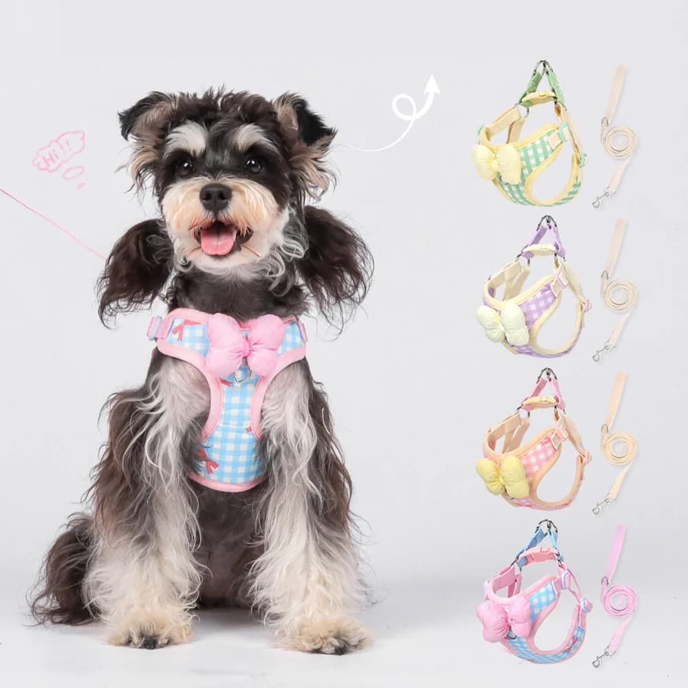 Sweet 3D Bow Plaid Pet Vest Harness Soft Breathable Escape Proof Dog Harness Leash Set For Small Medium Dogs Cats Outdoor Travel