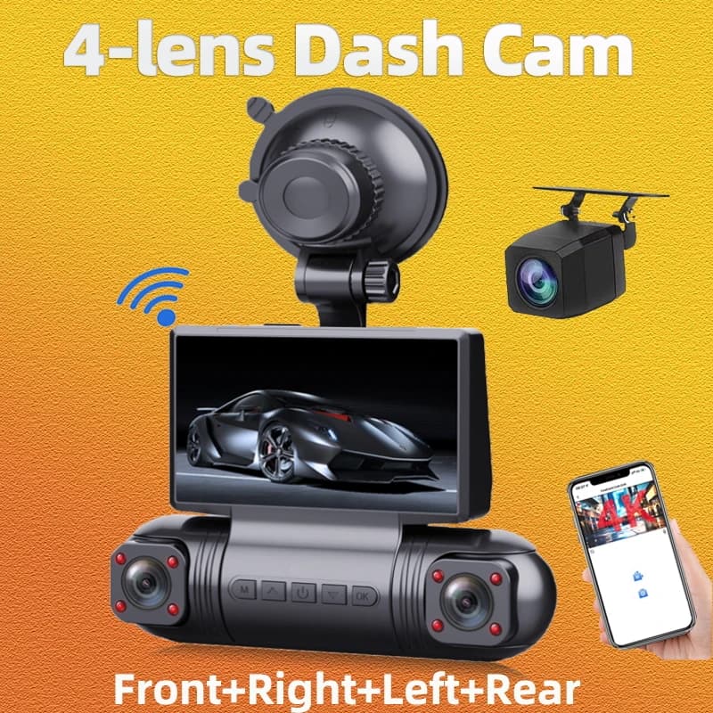 360 ° Dash Cam a 4 Obiettivi Full HD 2K+1080P+1080P+1080P per Auto DVR BSD con Schermo IPS da 3 Pollici e Visione Notturna