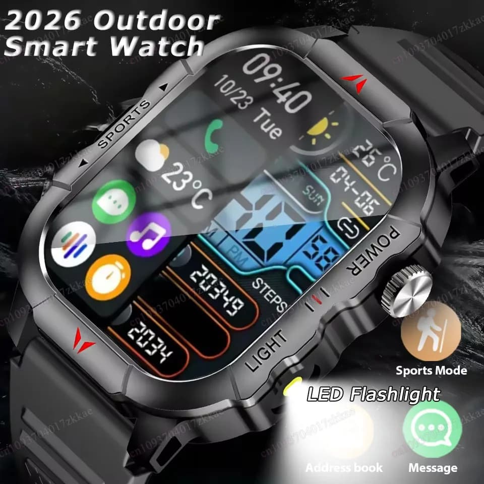 Smartwatch Militare da Esterno 2026 con Torcia LED, Chiamate Bluetooth, Monitoraggio Fitness e Cardiofrequenzimetro, Impermeabile, Sportivo - Modello HW12