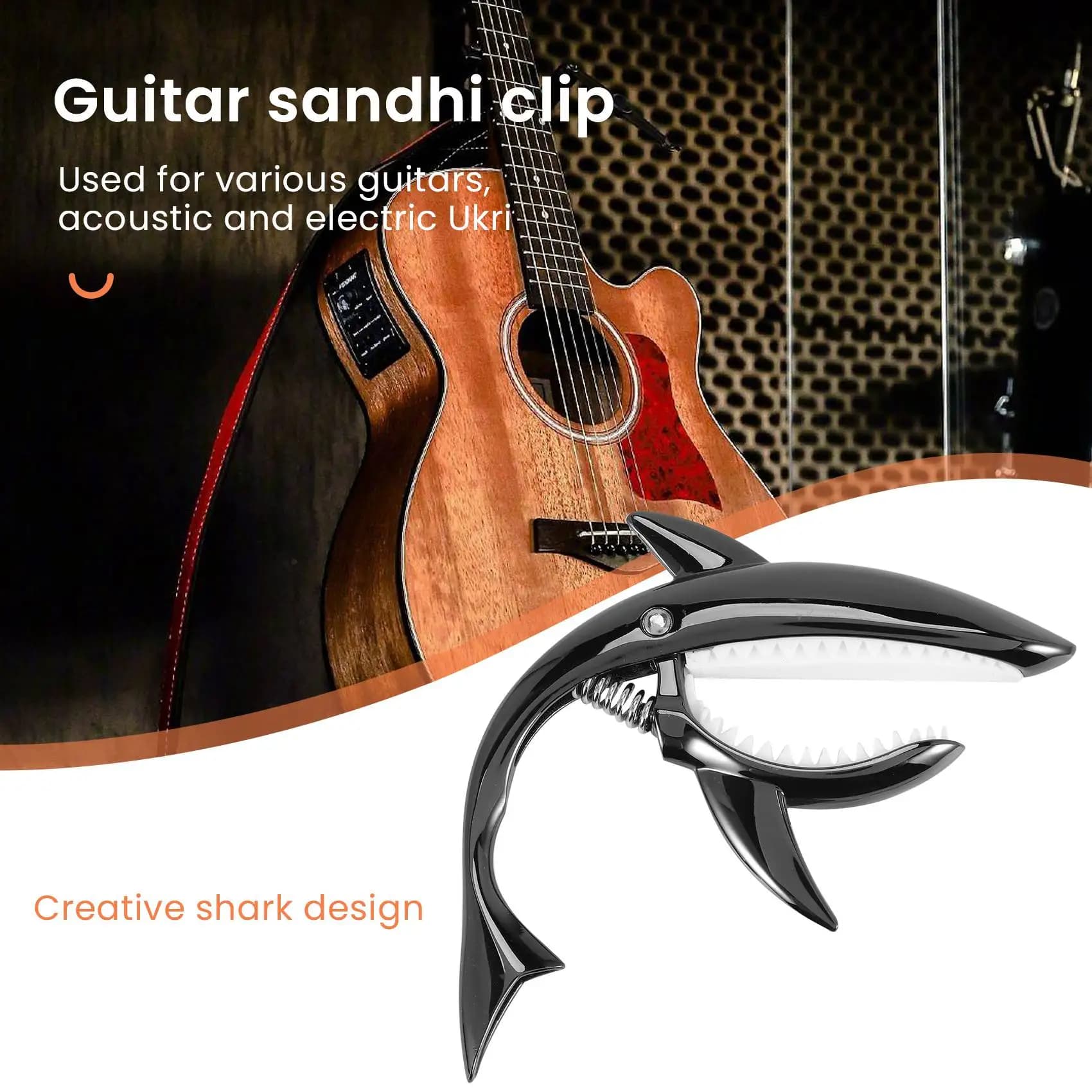 TUREBG Capotasto per Chitarra Shark in Lega di Zinco per Chitarre Acustiche, Elettriche, Classiche e Basso, Ukulele, con Plettro, Nero