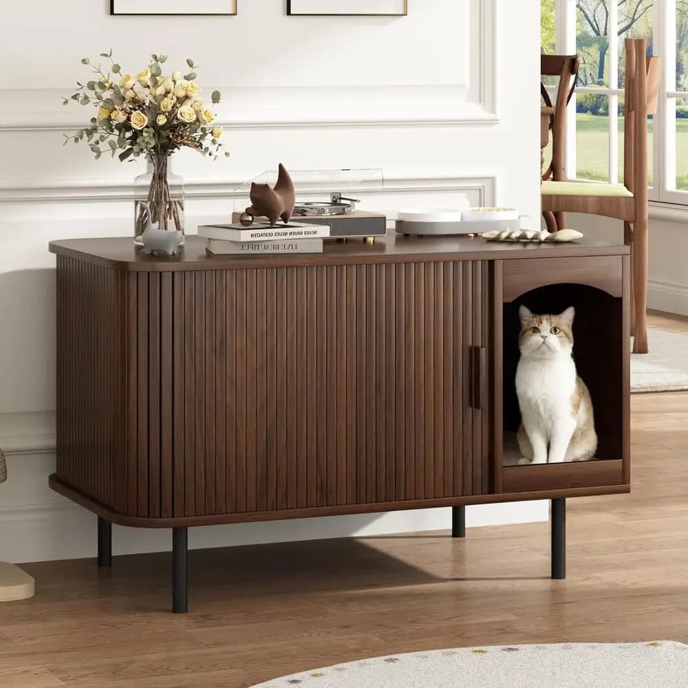 Walnut Hidden Litter Box Cabinet with Scratching Pad, Large Indoor Cat House Side Table Furniture
