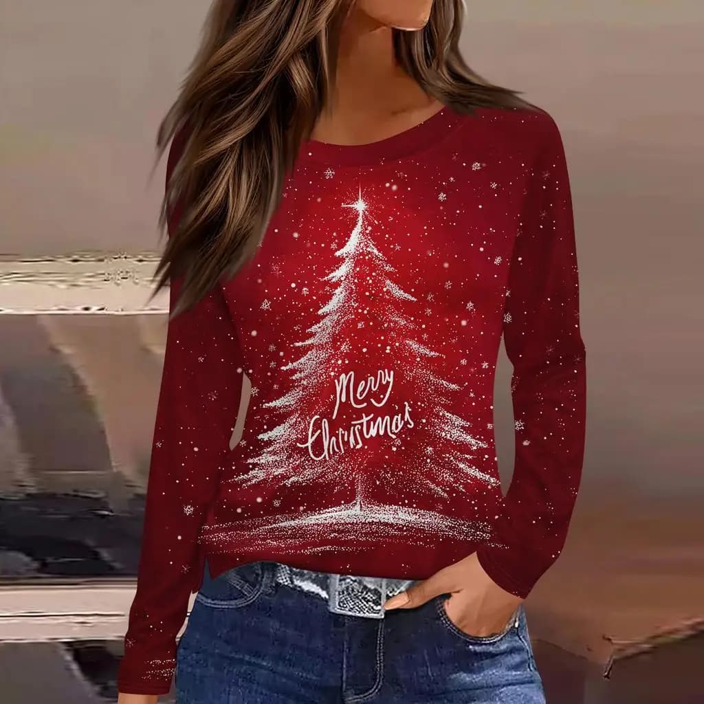 T-shirt a maniche lunghe girocollo con stampa albero di Natale 3D da donna in stile natalizio, colore festivo, top autunnale allentato casual