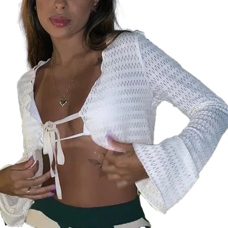 Top corto in rete trasparente a maniche lunghe con apertura sul davanti e cravatta Sexy da donna See Through Cardigan Shirt