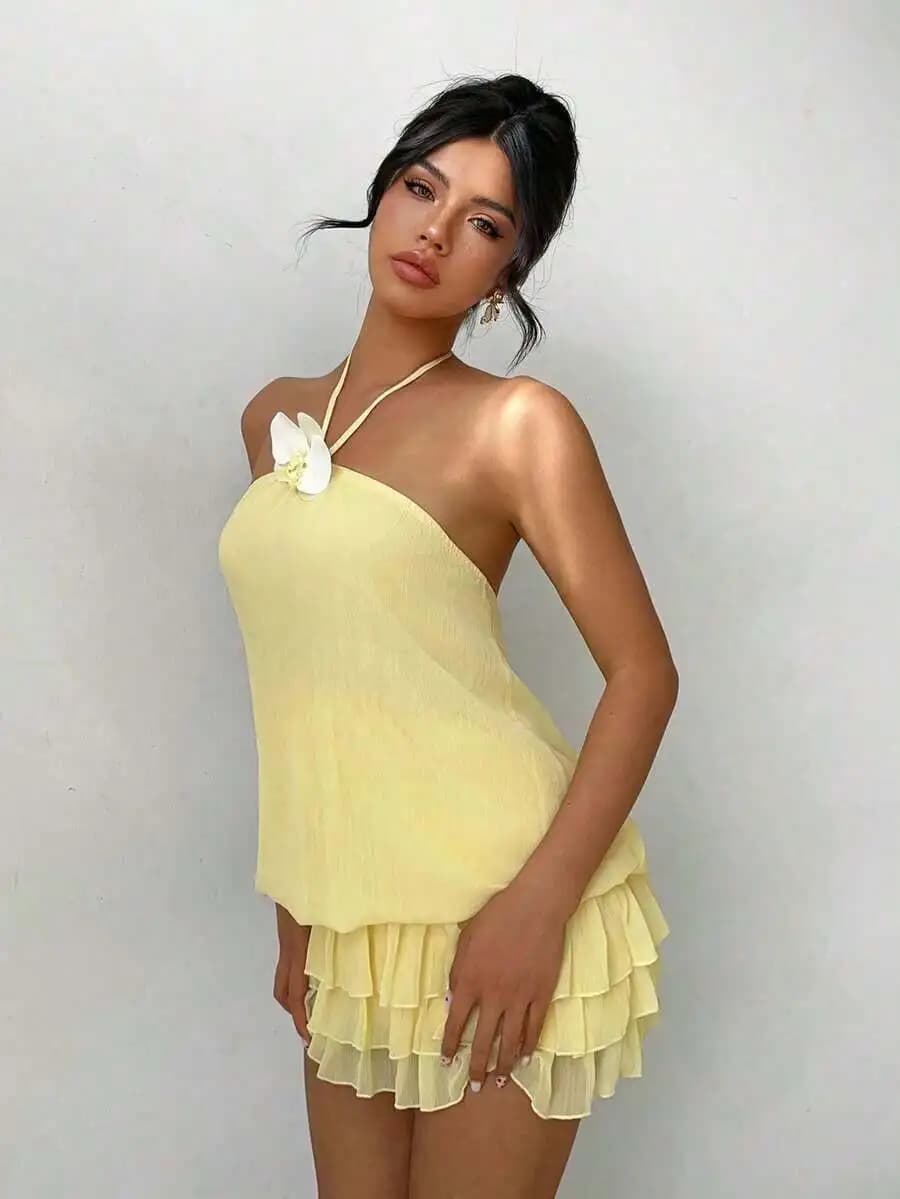 Women Yellow Halter Neck Backless Ruffle Hem Mini Dress With 3D Floral Detail