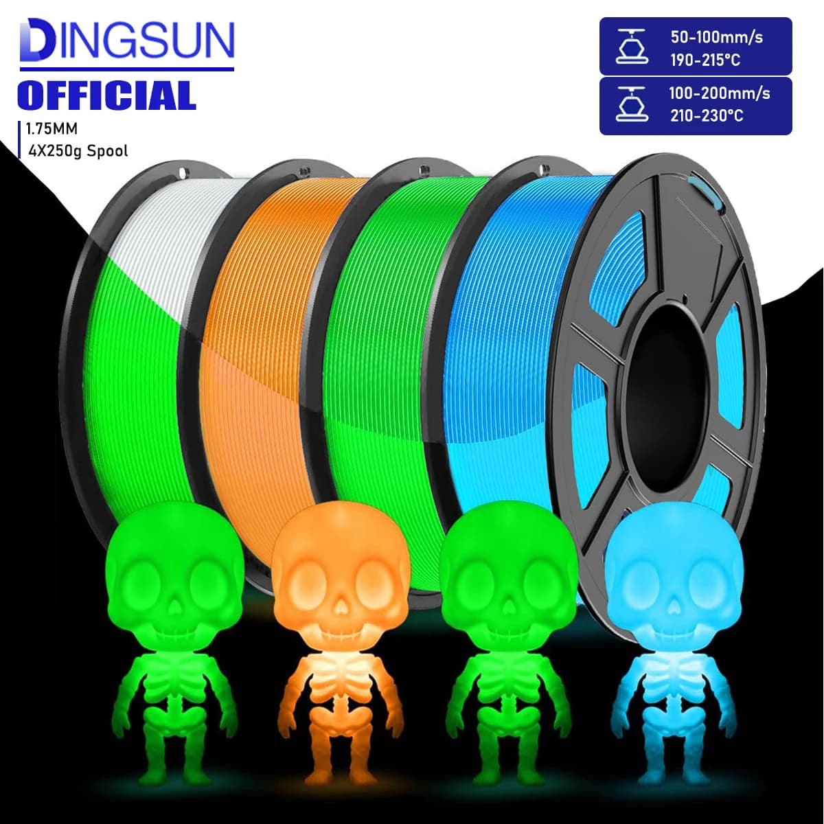 Filamento PLA Luminoso in 4 Colori 1.75mm, Filamento per Stampante 3D FDM che si Illumina al Buio