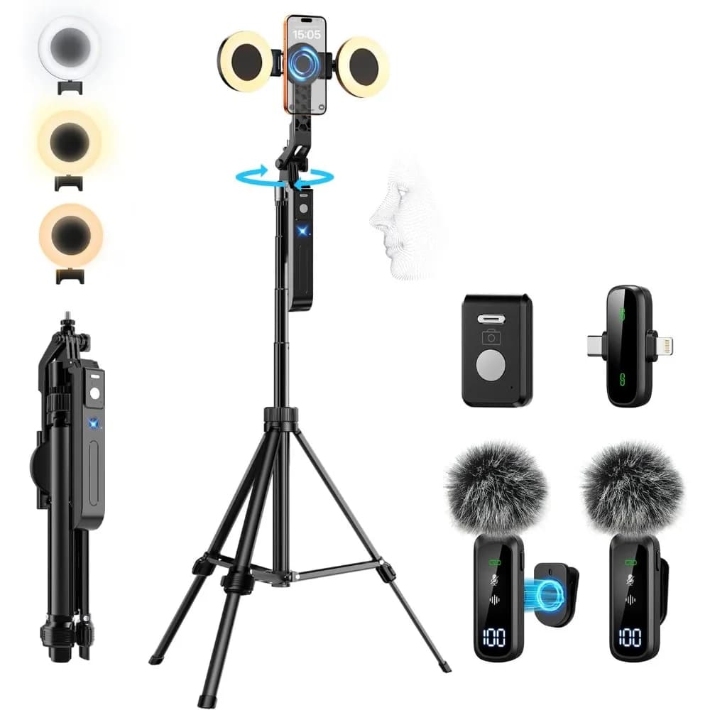 Auto Face Tracking Tripod with Light and Magnetic Microphone for Vlogging on Smartphones