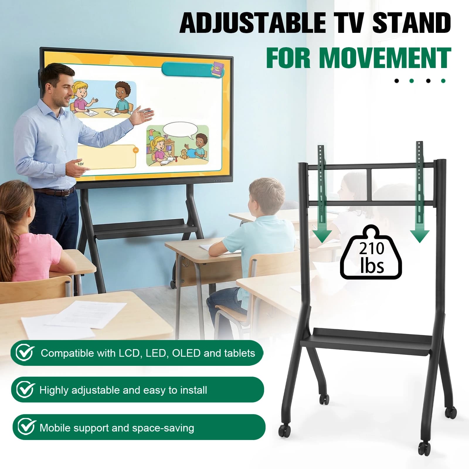 Carrello TV Portatile in Acciaio per Schermi da 42-75 Pollici, Supporto TV LCD Regolabile in Altezza con Ruote e Ripiano per Laptop per Ufficio/Aula/Casa