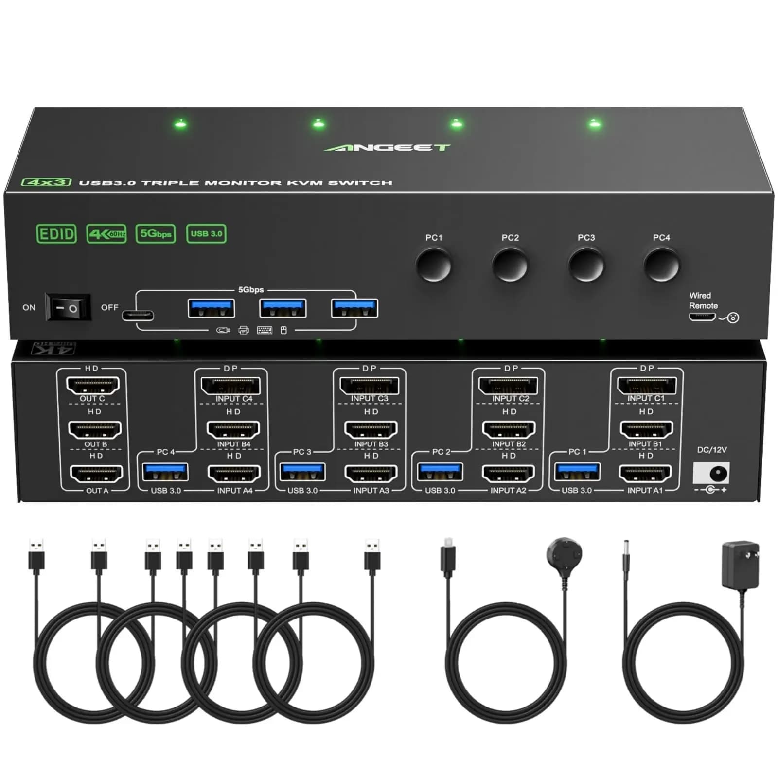Switch KVM 3 monitor 4 computer 4K@60Hz, EDID simulation, USB 3.0 HDMI Displayport Switch KVM Triple keyboard monitor mouse