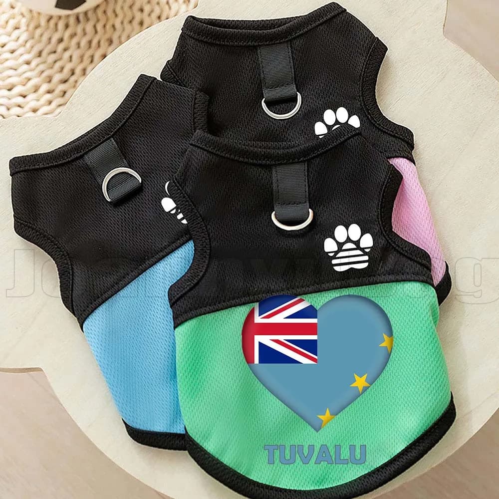 Pettorina a rete per cani e gatti con bandiera a cuore di Tuvalu, abbigliamento estivo da esterno per cuccioli e gattini, gilet per cani con stampa zampa e anello a D per guinzaglio
