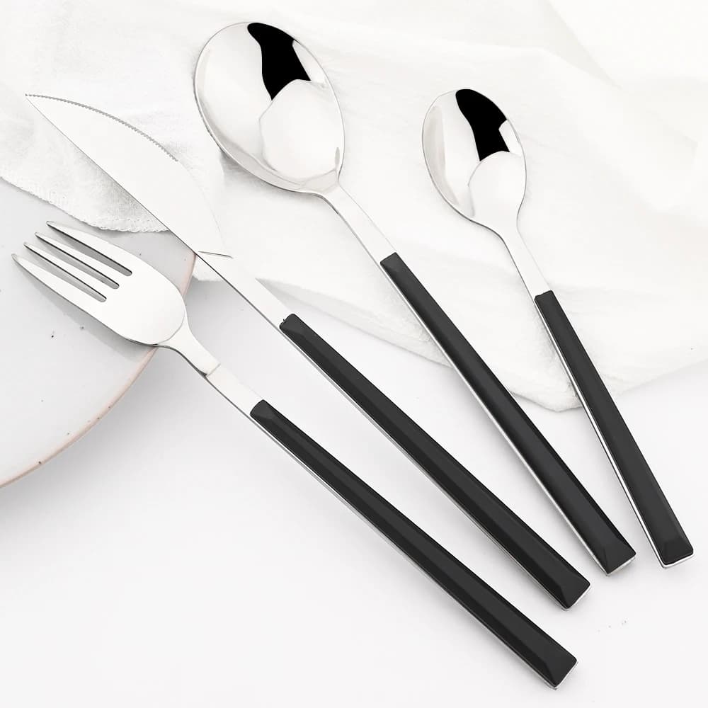 6/24pcs Set di stoviglie in argento nero Set di posate con manico in legno in acciaio inossidabile forchette cucchiaio coltello stoviglie Set di posate da cucina