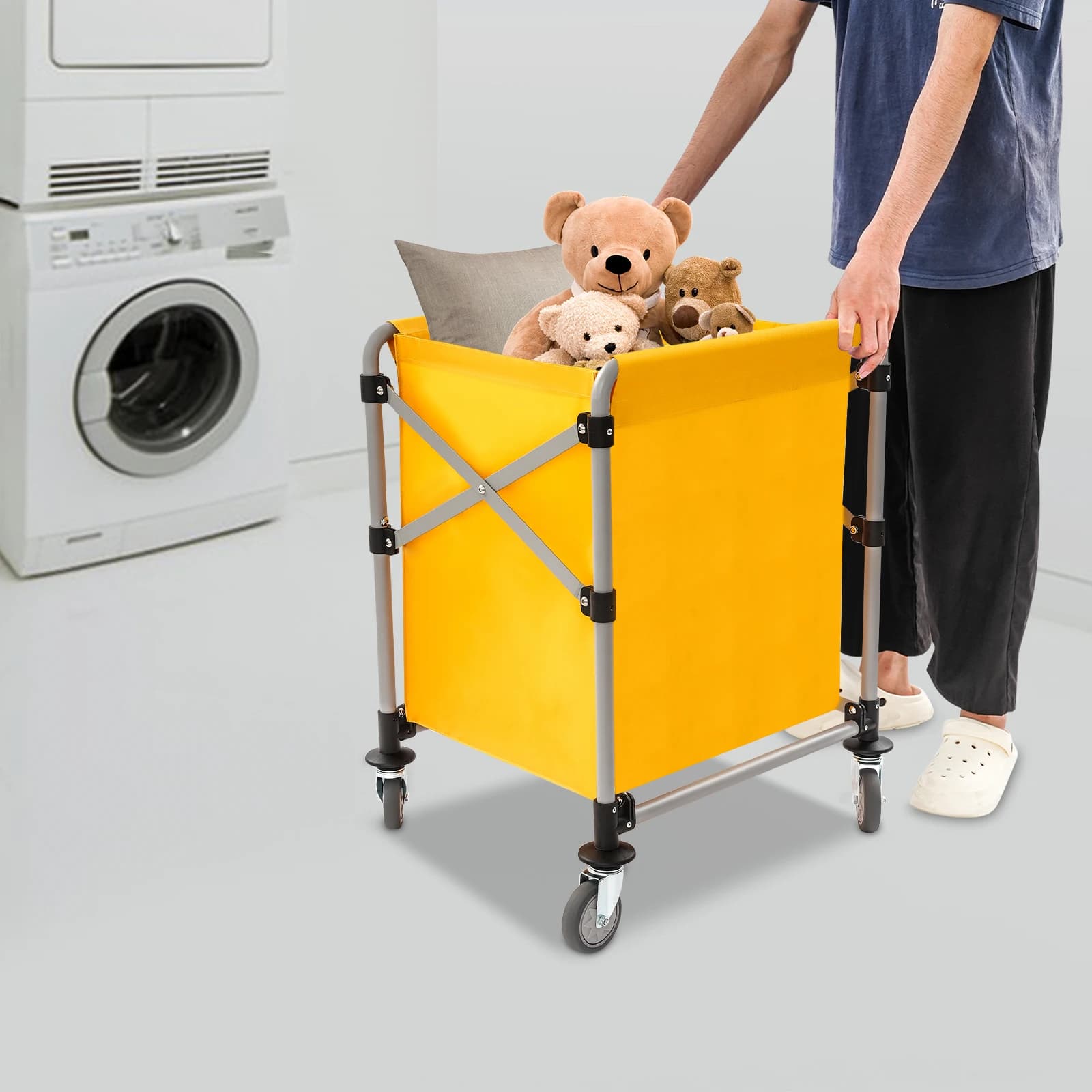 Heavy Duty Laundry Cart – 220lbs Load Capacity – Steel Frame + Oxford Cloth – Foldable – 360° Swivel Casters with Brakes – Removable Bag – X-Brace Structure – for Home Hotel Hospital