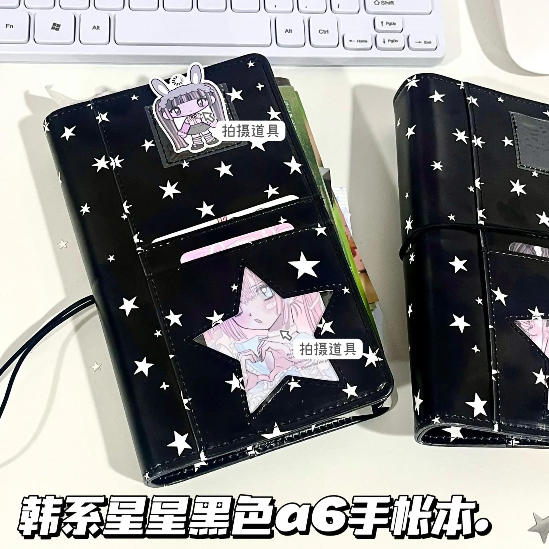 Korean Style Black Star A6 PU Leather Loose Leaf Binder Notebook Journal Planner for Students School Stationery