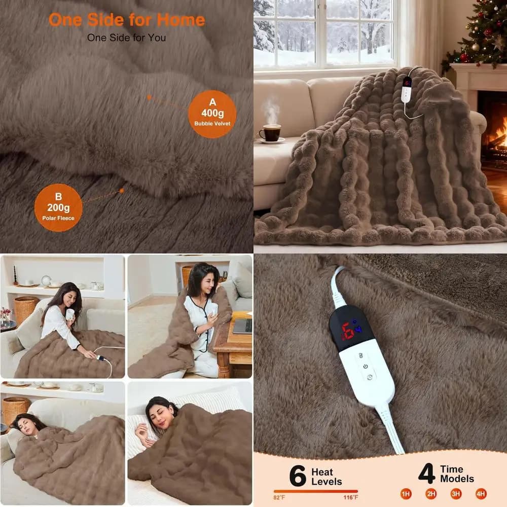 Riscaldamento regolabile a 6 livelli, spegnimento automatico, coperta elettrica lavabile in pelliccia di coniglio sintetica, 50x60, protezione da surriscaldamento, certificata ETL, B