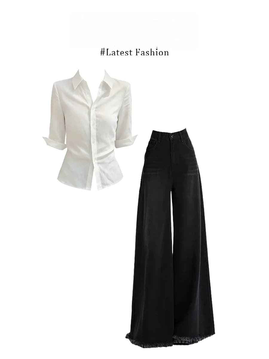 Parkyeon Summer Women's Shirt Waist Cinching Wide Leg Jeans Set High Waist Flip Collar Casual Style Fast Dry Medium Thickness