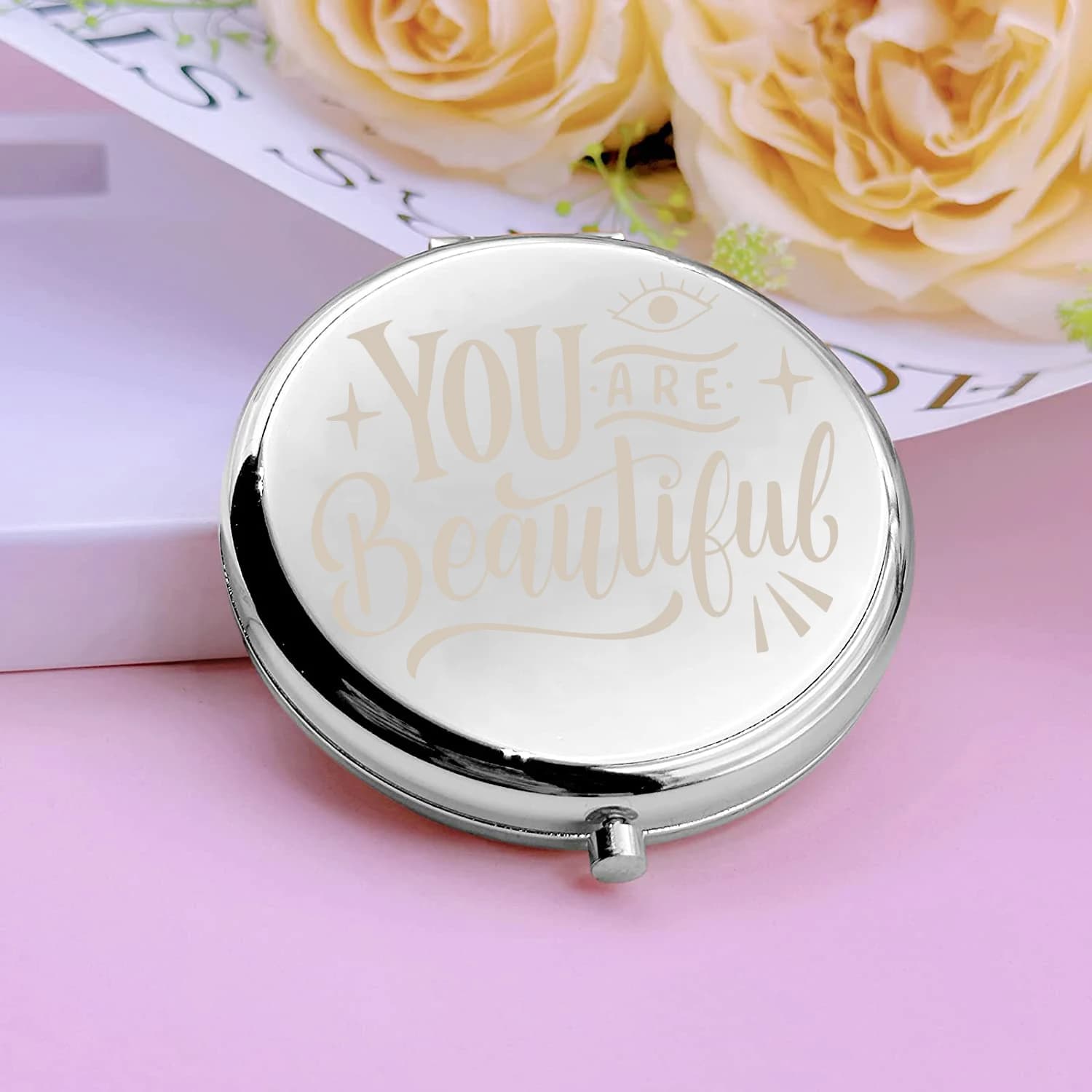 Customized folding mirror with name, made of stainless steel and laser engraved with custom names, perfect as a gift.