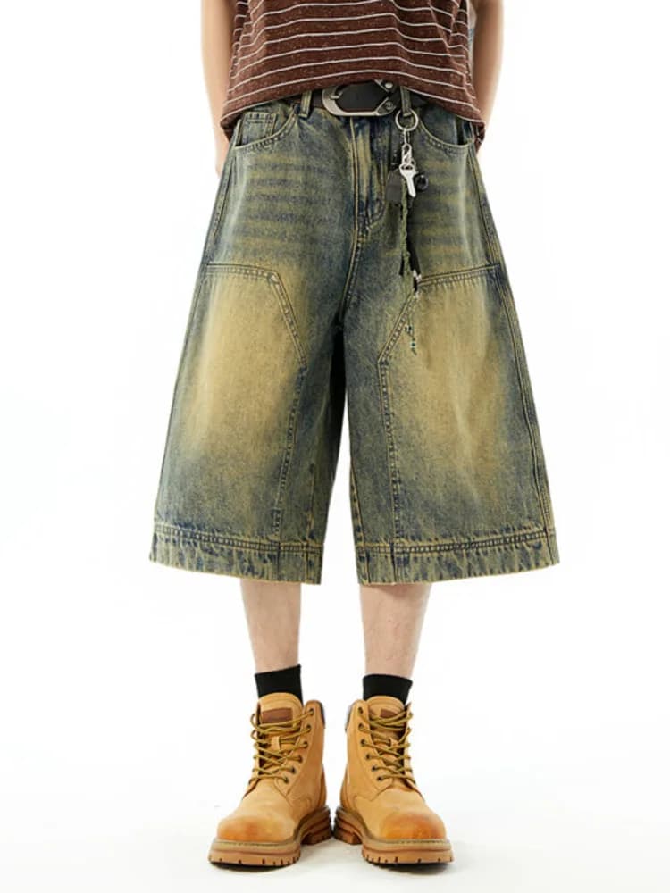 Baggy Denim Men's Shorts American Retro Washed Yello Brown Wide Leg Knee Length High Quality Casual All Match 8YPQ
