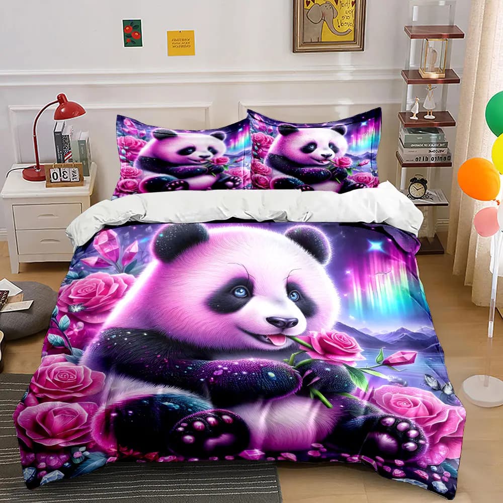 3pcs Dreamy panda with pink roses Duvet Cover Set with 3D Printing Design Soft Polyester Bedding Set All-Season Comfort