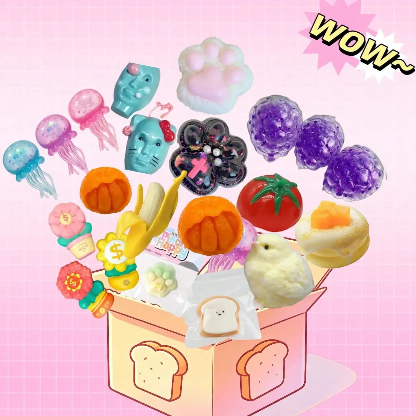 3-Pack Novelty Squishy Blind Boxes, Creative & Sea Themed Squishy Toys, Jellyfish, Cat Paw, Banana & Bread Design Mystery Toys, Cute Stress Relief Squeeze Toys, Party Gifts