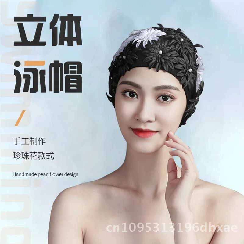 Hand-made women's swim cap with pearl flowers Three-dimensional warm fabric swim cap with new style adult flowers White Black