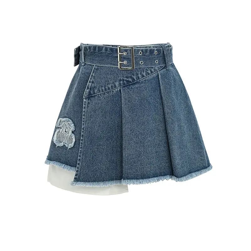 2025 Gonna di jeans ricamata a pieghe di design con fascia a nappa strappata a vita alta da donna estiva 2021, gonne da donna