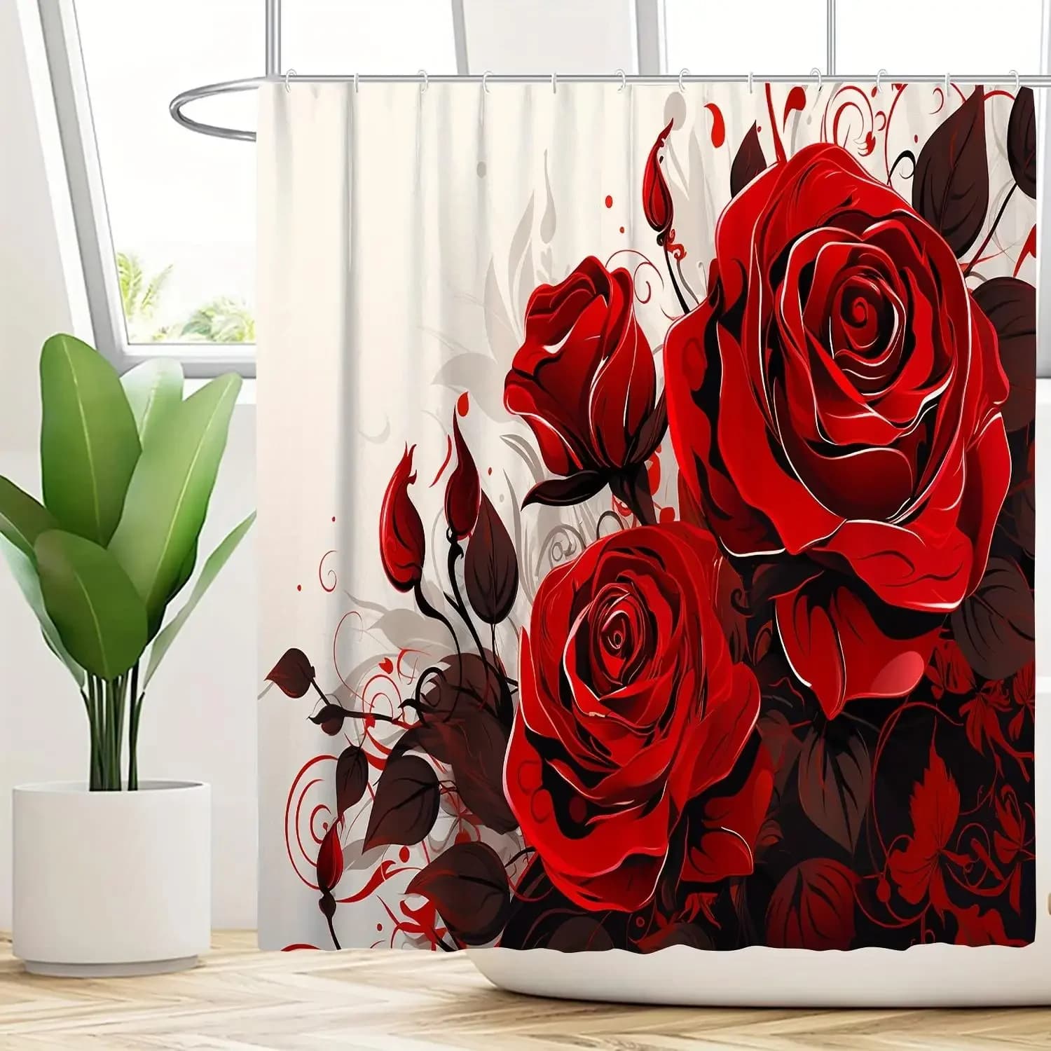 Tenda da doccia impermeabile con stampa floreale romantica rosa rossa: scelta elegante, durevole e facile da pulire per un lussuoso arredamento da bagno