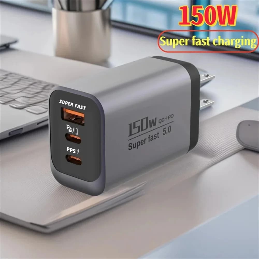 Caricatore USB Type C Super Veloce da 150W, Doppia Porta PD QC3.0, Adattatore da Muro con Spina EU/US/UK per iPhone Samsung Xiaomi, Caricatore USB C