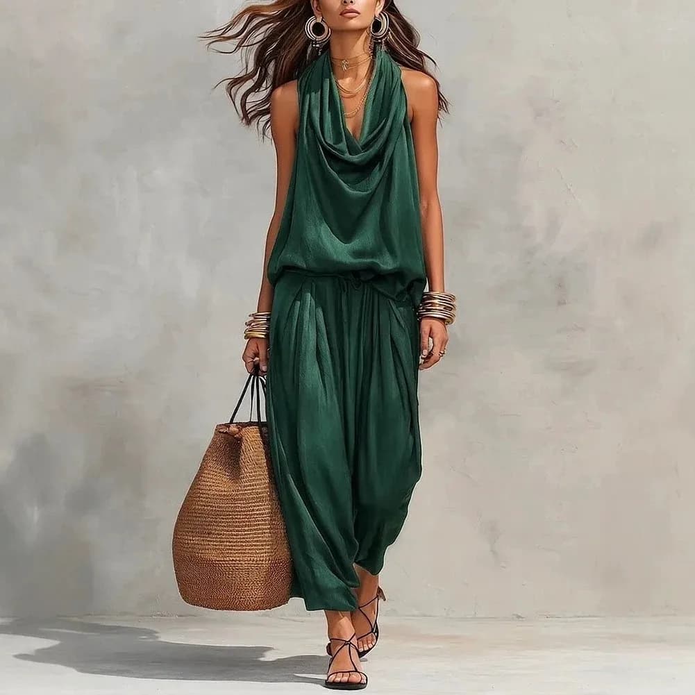 2 Pieces Set For Woman Tank Top Summer Sets Cowl Neck Emerald Green Vest Two Piece Sets Sleeveless Top High Waist Loose Fit