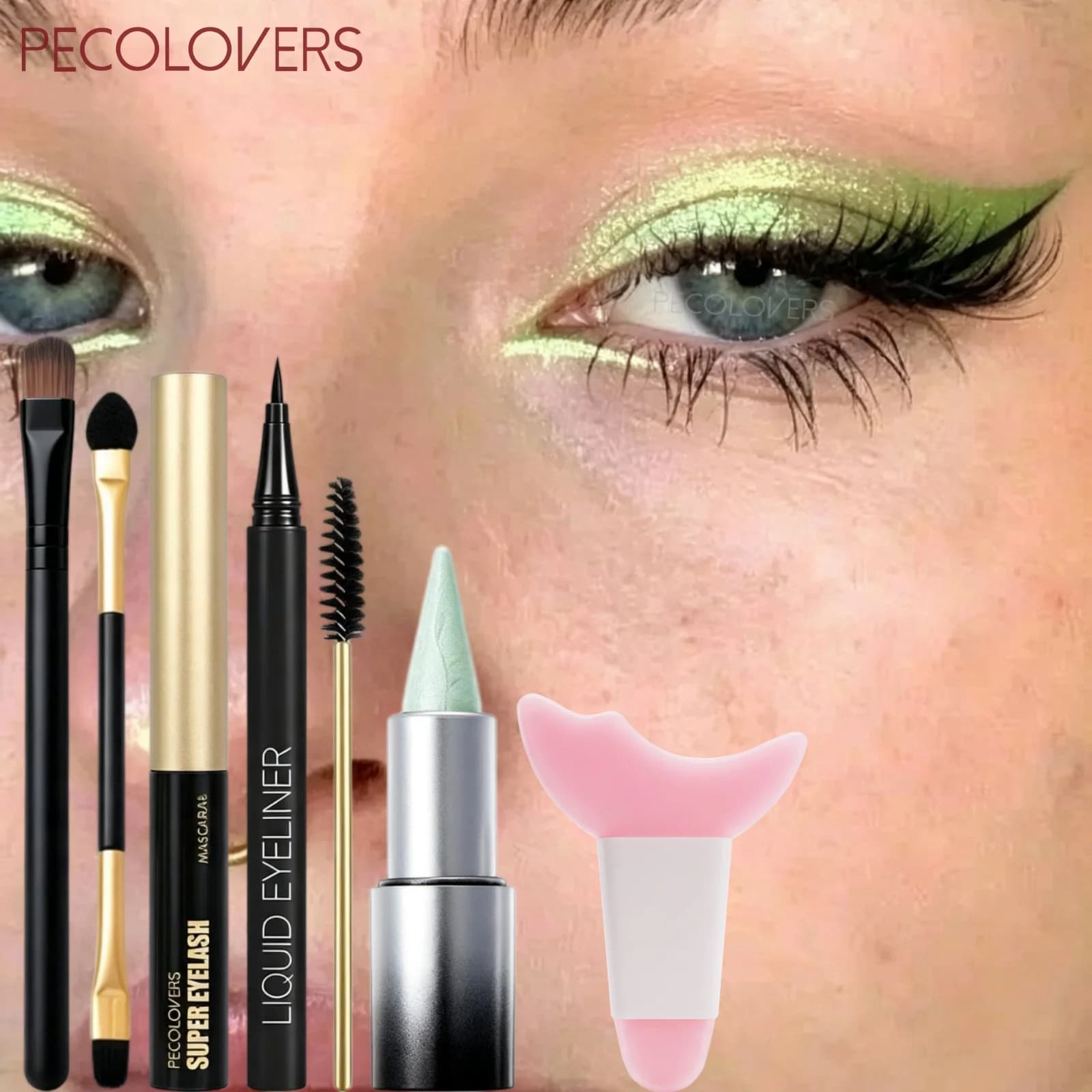 7PCS/Set Green Eyeshadow Stick + Black Eyeliner + Mascara + Brush Set - Waterproof, Pearlescent, Creates Stunning Eye Makeup
