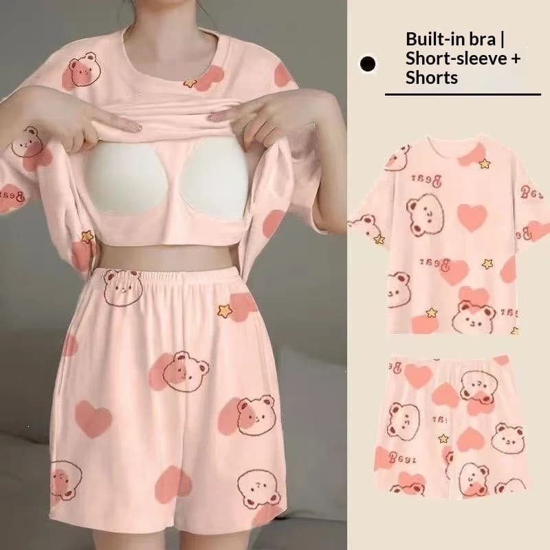 Summer Women's Short Sleeved Pajamas with Chest Cushion Home Suit Set, Polka Dot Round Neck Shorts Pajamas Home Suit Set