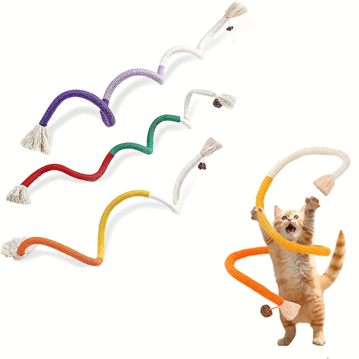 Set di 3 Giocattoli da Masticare per Gatti, Giochi Interattivi in Corda di Cotone per la Pulizia dei Denti, Giocattoli Artigianali per Animali Domestici