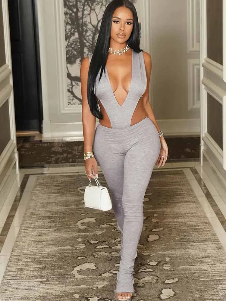 BKQU Hipster Sexy 2 Piece Set Women Deep V-Neck Sleeveless Bodysuit+Leggings Matching Tracksuit Hot Girl Nightclub Party Outfits