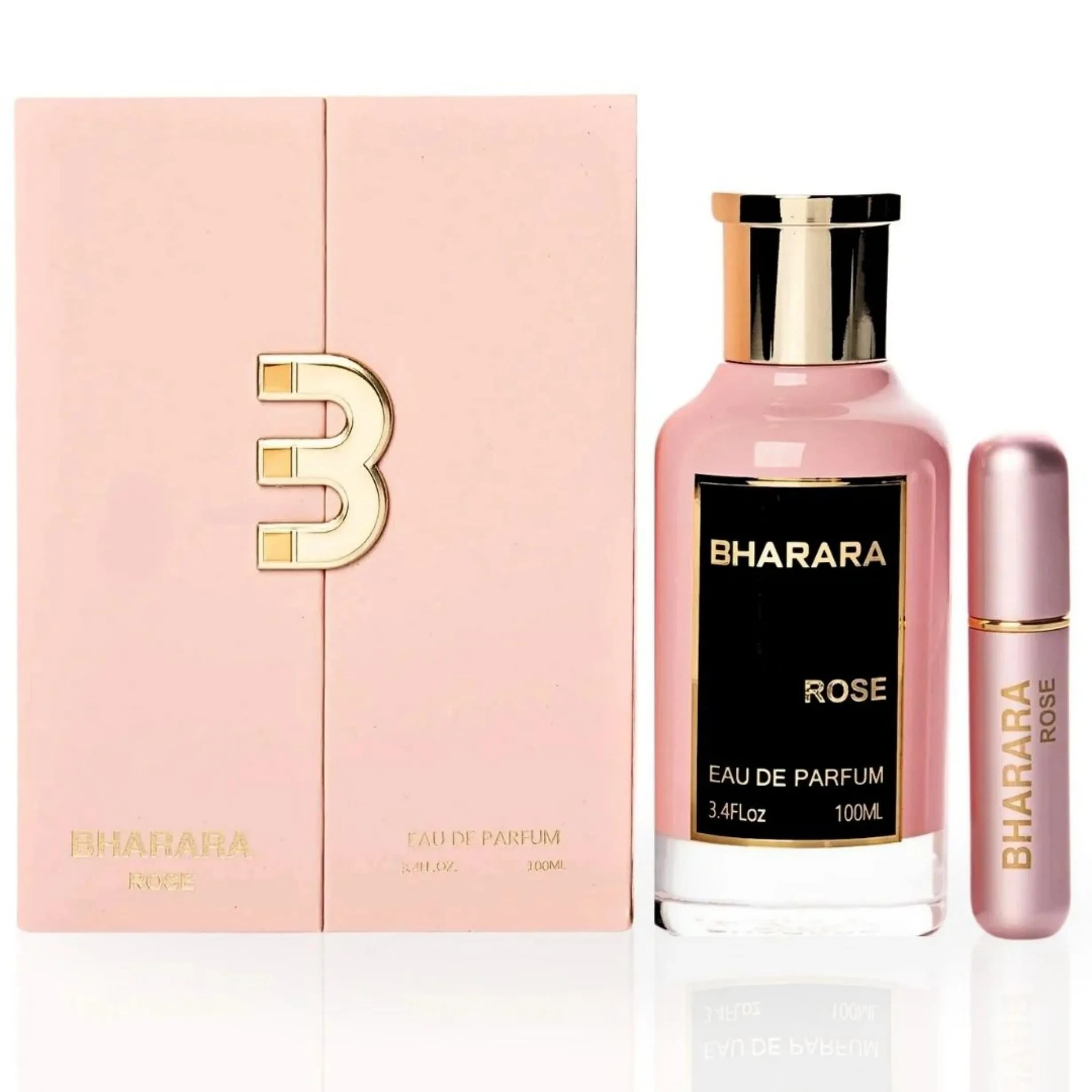 Gift set Eau de Parfum Bharara Rose for women, 100ml with travel spray, fresh floral fragrance