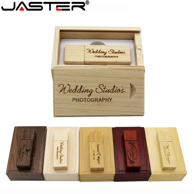 JASTER Logo personalizzato gratuito Fotografia Regalo di nozze Chiavetta USB 128 GB Scatola di legno da 64 GB Pen drive Memory Stick in acero 32 GB 4G 16 GB