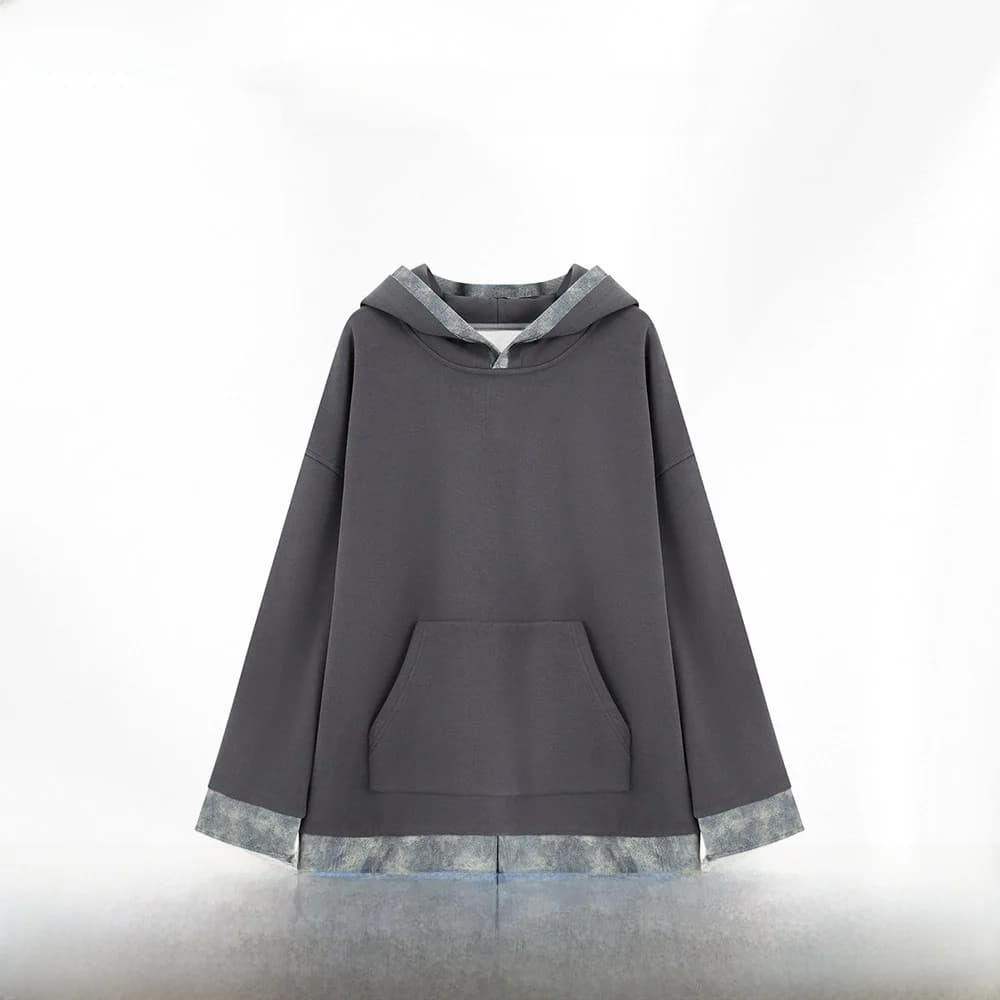 Loose Fit Hoodie Sweatshirt JCCC Shadow Moon Grey Airy Layered Fake Two-Piece Long Sleeve Hooded Casual Streetwear for Women