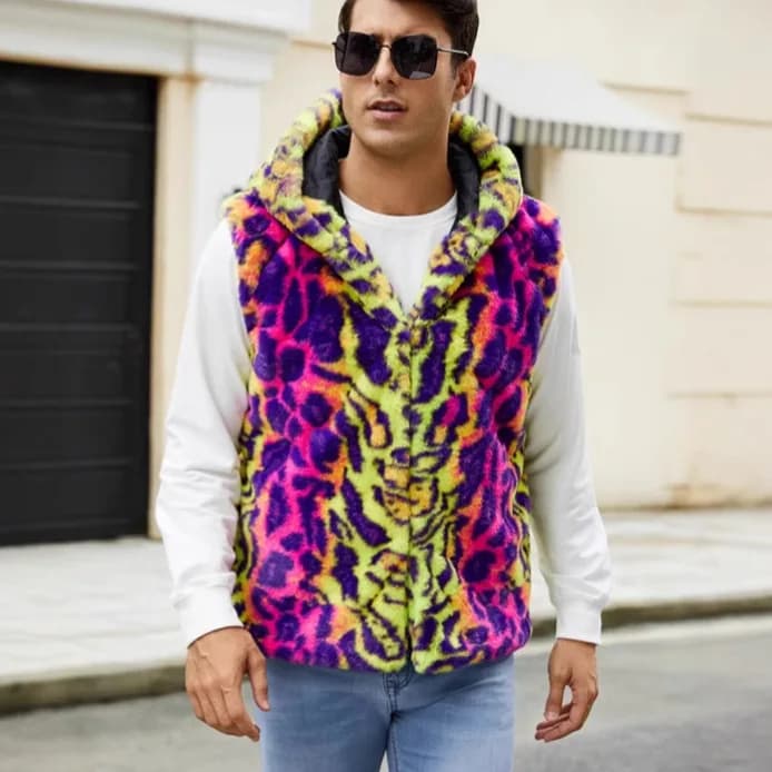 New Fashion Autunno Inverno Uomo Leopardo Casual Alla moda Senza maniche Con cappuccio Gilet in pelliccia sintetica Maschile Semplice Basic Cappotti larghi Vestiti