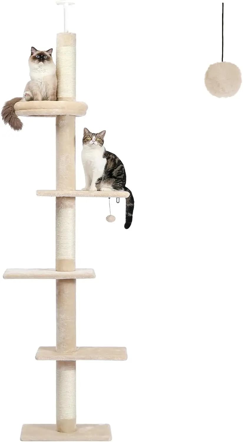 Albero per Gatti da Interno Beige Regolabile da Pavimento a Soffitto con Tiragraffi, Cuccia e Giocattolo