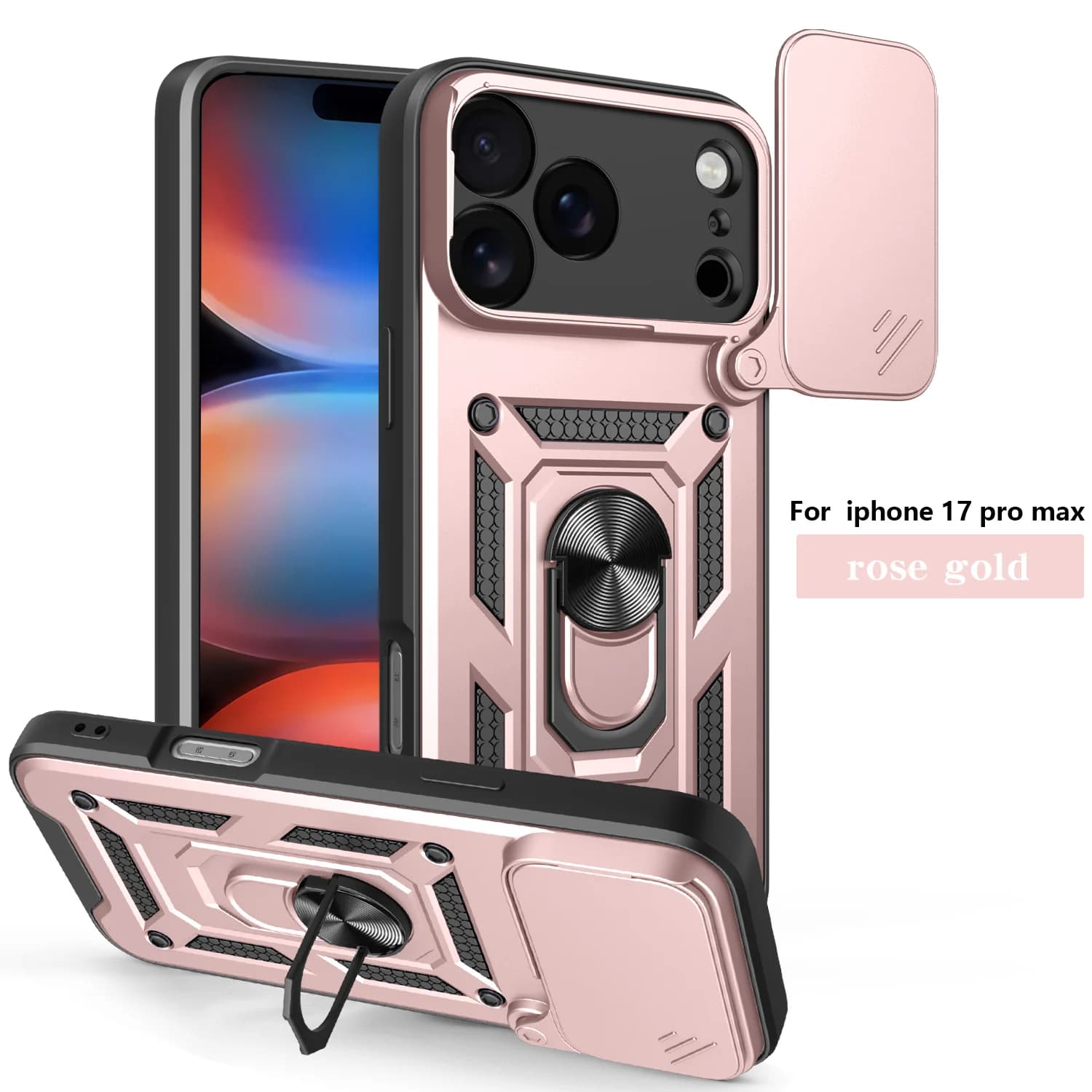 Custodia Protettiva Scorrevole per Fotocamera e Telefono per iPhone 17 16 Pro Max 360 ° Supporto ad anello girevole con cavalletto e cover posteriore antiurto