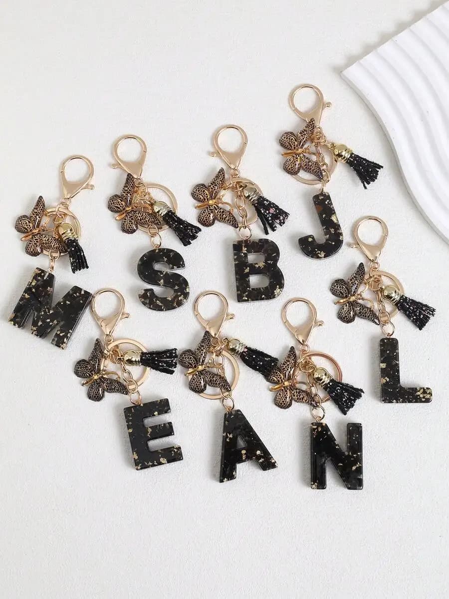 Butterfly Tassel Keychain With Initial Letter Charm For Bag Wallet Car Accessory