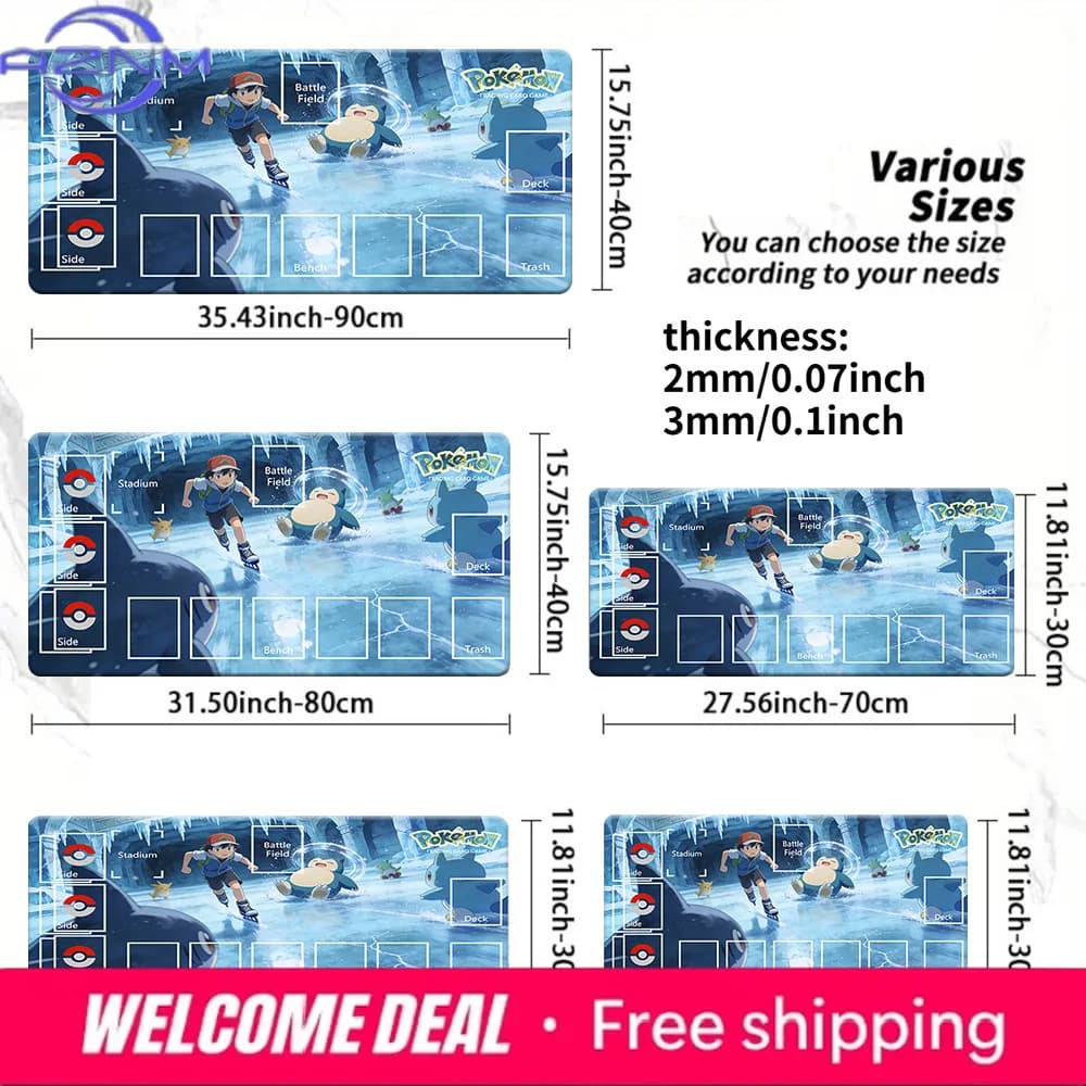 Pokemon Ash Snorlax Ice Skating TCG Playmat with Zones 2mm/3mm Non-Slip Card Game Mat Multi-Size